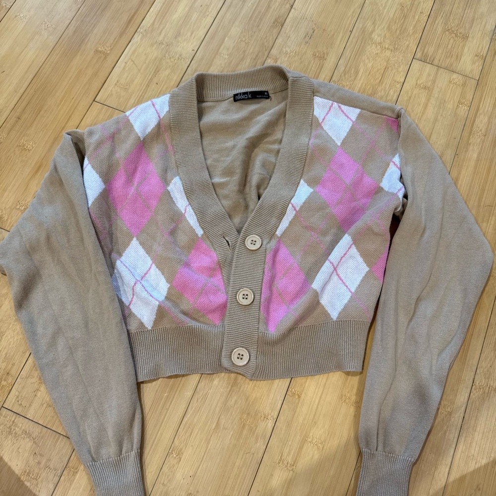 Pink and Tan Argyle Crop Top Sweater